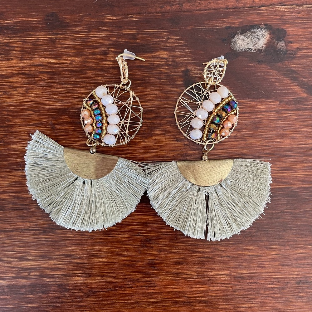 Artisan Market | Fan Earrings | Gold Blue Beaded